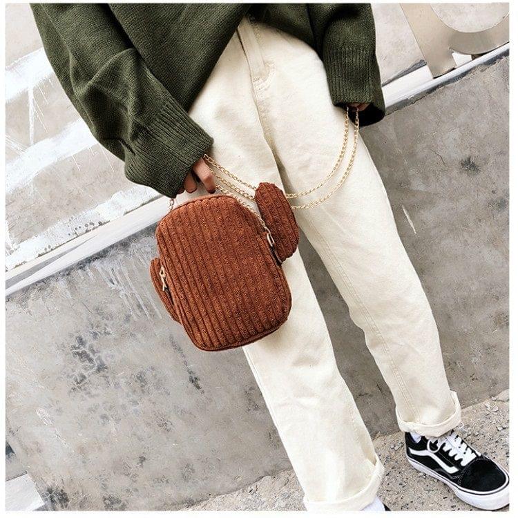 Cactus Fashion Plush Women Tote Chain Phone Case Messenger Bag (Brown)