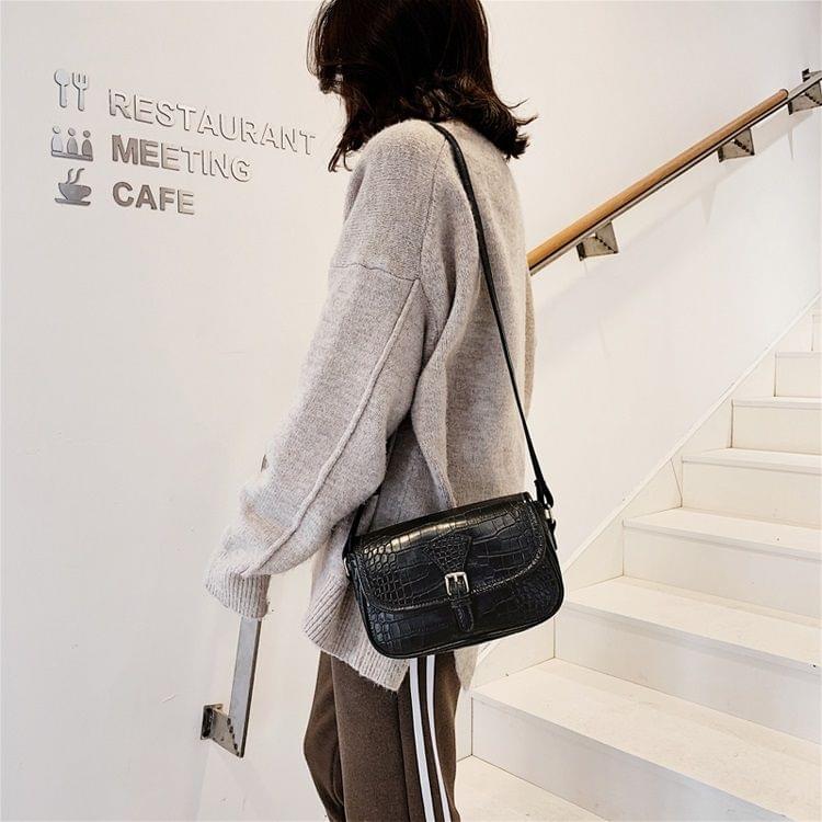 Crocodile Texture Belt Buckle PU Leather Single Shoulder Bag Ladies Handbag Messenger Bag (Black)