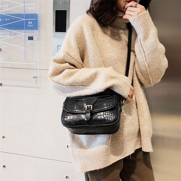 Crocodile Texture Belt Buckle PU Leather Single Shoulder Bag Ladies Handbag Messenger Bag (Black)