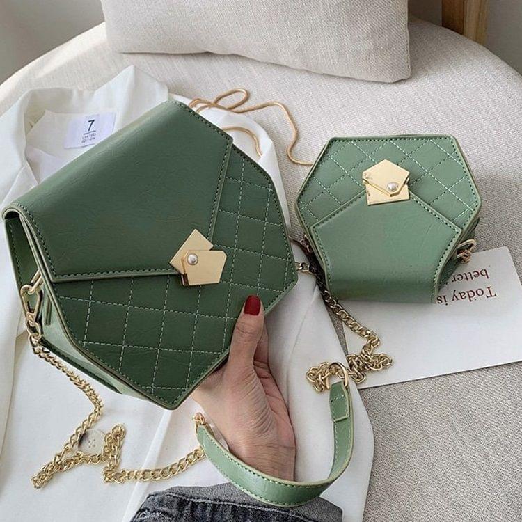 Hexagonal Shape Magnetic Buckle Rhombus Texture PU Leather Single Shoulder Bag Ladies Handbag Messenger Bag (Color:Green Size:S)
