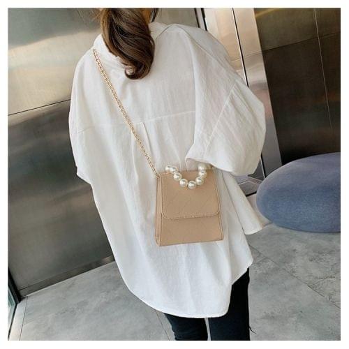 Pearl Handle PU Leather Chain Single Shoulder Bag Ladies Handbag Messenger Bag (Khaki)