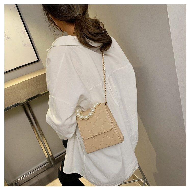 Pearl Handle PU Leather Chain Single Shoulder Bag Ladies Handbag Messenger Bag (Khaki)