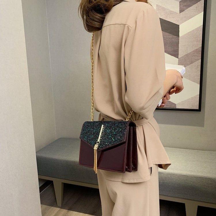 Glitter Tassel PU Leather Chain Single Shoulder Bag Ladies Handbag Messenger Bag (Wine Red)