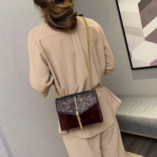 Glitter Tassel PU Leather Chain Single Shoulder Bag Ladies Handbag Messenger Bag (Wine Red)