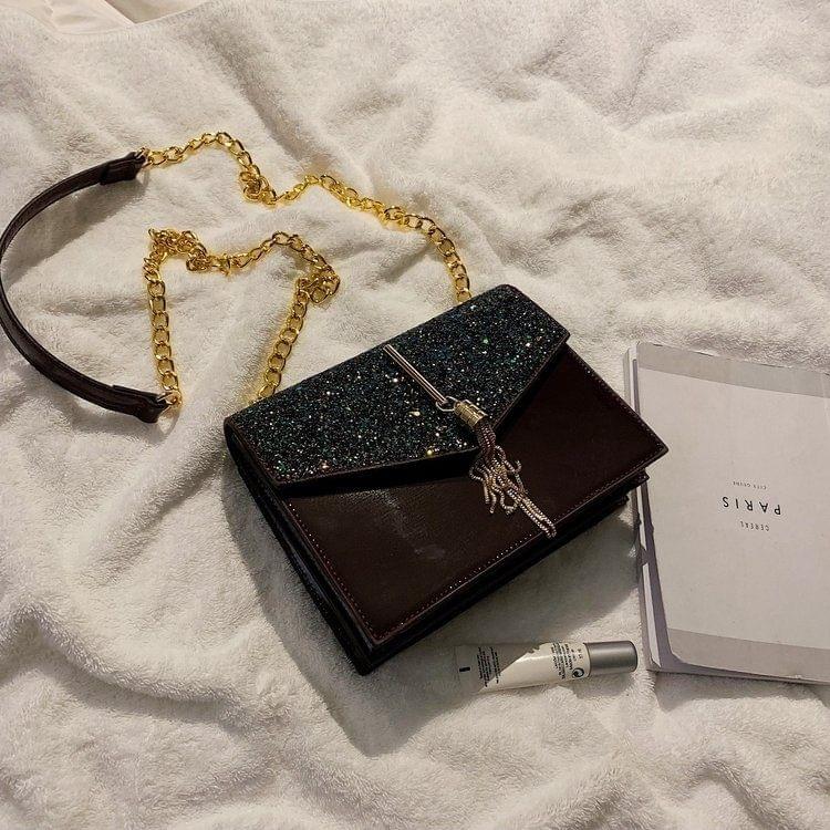 Glitter Tassel PU Leather Chain Single Shoulder Bag Ladies Handbag Messenger Bag (Wine Red)