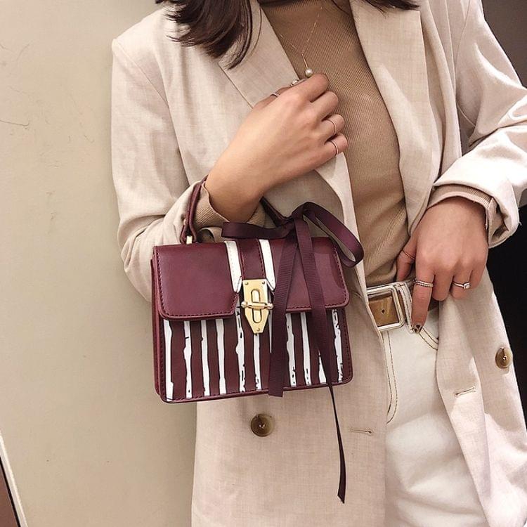 Stripe Pattern Lock Buckle PU Shoulder Bag Ladies Handbag Messenger Bag with Silk Ribbon (Red)