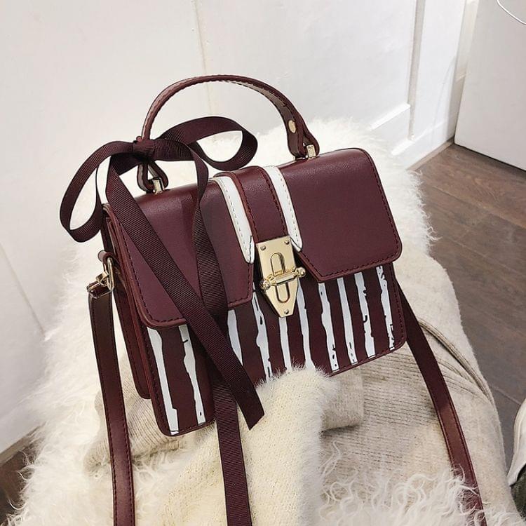 Stripe Pattern Lock Buckle PU Shoulder Bag Ladies Handbag Messenger Bag with Silk Ribbon (Red)