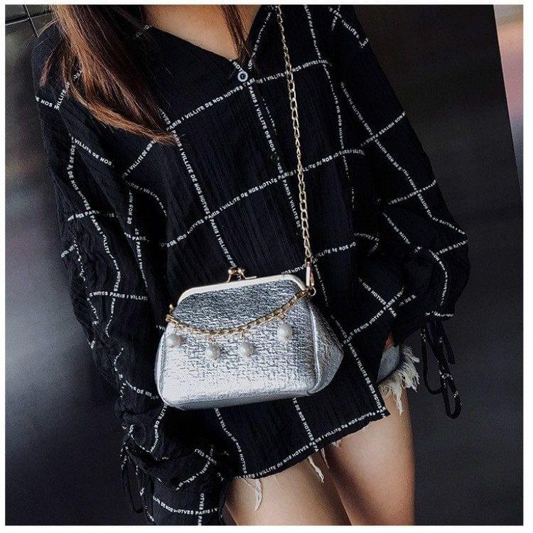 Fashion Pearl Chain-strap Single Shoulder Bag Lady Messenger Tote Bag (Silver)