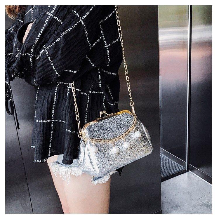 Fashion Pearl Chain-strap Single Shoulder Bag Lady Messenger Tote Bag (Silver)