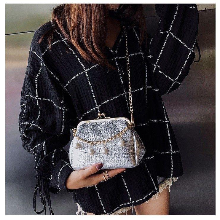 Fashion Pearl Chain-strap Single Shoulder Bag Lady Messenger Tote Bag (Silver)