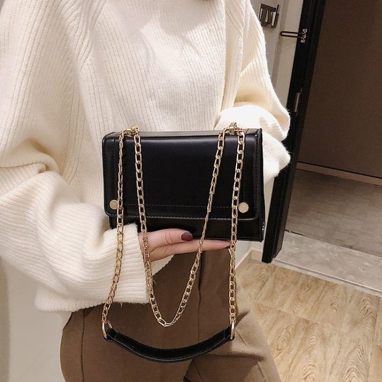 Pure Color Fashion PU Leather Chain-strap Single Shoulder Bag Square Bag Ladies Handbag Messenger Bag (Black)