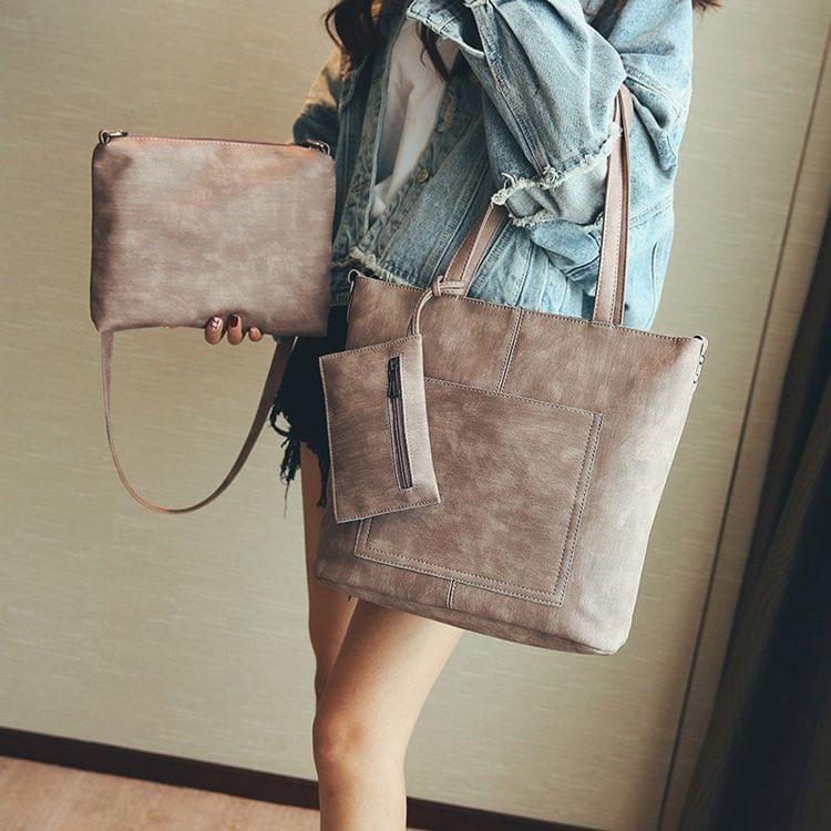 Three Piece Suit Leisure Fashion PU Leather Slant Shoulder Bag Handbag (Pink)