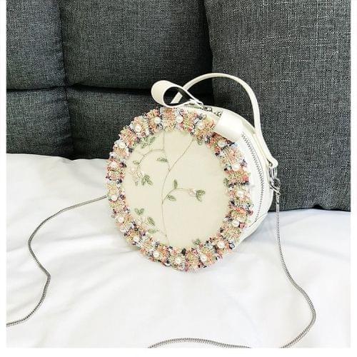 Retro Style Lace Pearl Casual Shoulder Bag Messenger Bag Ladies Handbag Small Round Shoulder Bag (Beige)