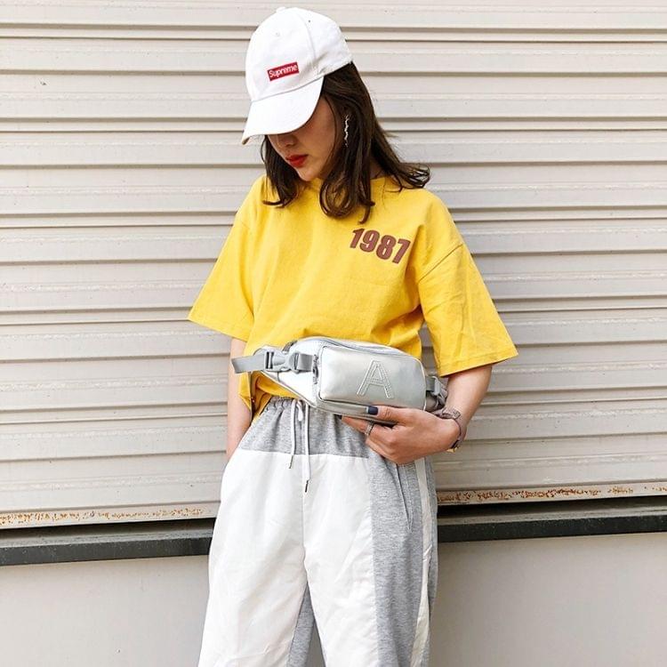 Fashion Solid Color Letter A PU Single Shoulder Bag Zipper Messenger Bag Casual Waist Chest Pockets Bag (Silver)