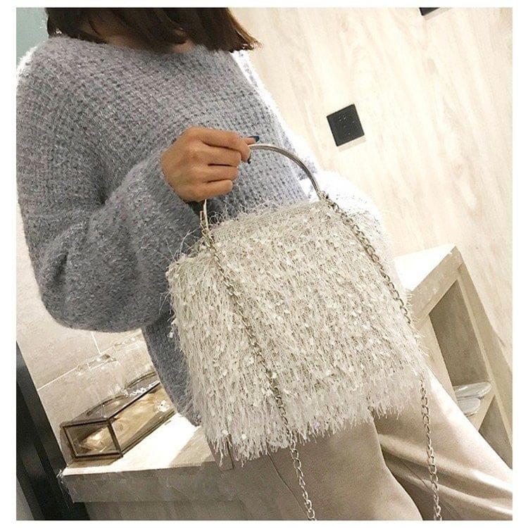 Leisure Fashion Velvet Chain Slant Shoulder Bag Handbag (White)