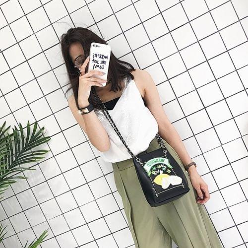 Embroidered Lemon Single Shoulder Bag Ladies Handbag Messenger Bag (Black)