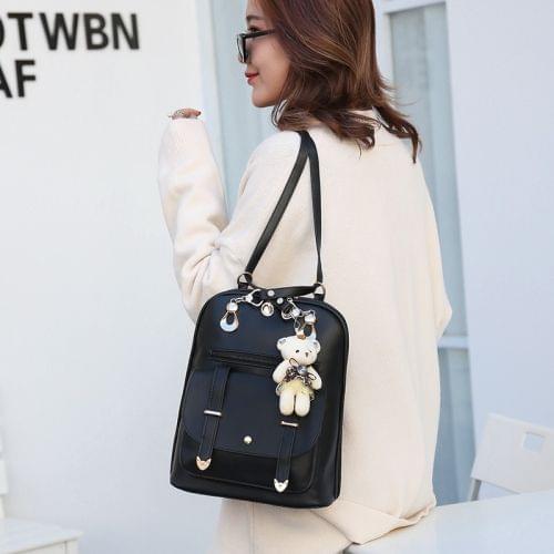 Casual PU Shoulder Bag Ladies Handbag Messenger Bag with Plush Bear Doll (Black)