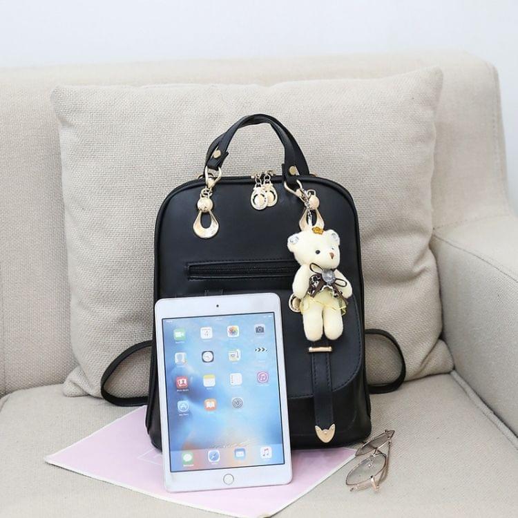 Casual PU Shoulder Bag Ladies Handbag Messenger Bag with Plush Bear Doll (Black)