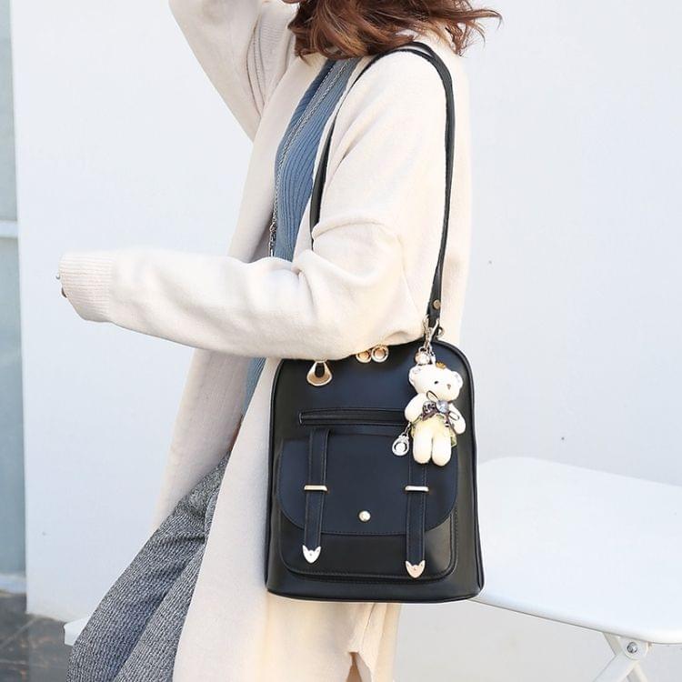 Casual PU Shoulder Bag Ladies Handbag Messenger Bag with Plush Bear Doll (Black)