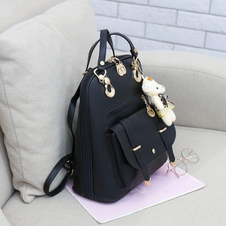 Casual PU Shoulder Bag Ladies Handbag Messenger Bag with Plush Bear Doll (Black)