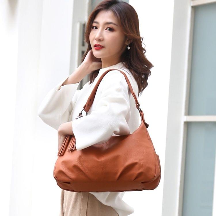 Casual PU Shoulder Bag Ladies Handbag Messenger Bag with Tassel (Brown)