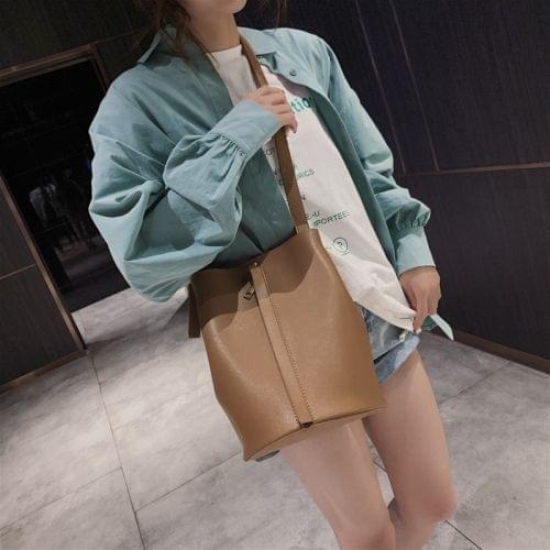 Fashion 2 in 1 Magnetic Buckle Bucket Bag Stitching PU Shoulder Bag Ladies Messenger Bag Handbag (Brown)