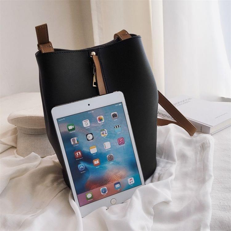 Fashion 2 in 1 Magnetic Buckle Bucket Bag Stitching PU Shoulder Bag Ladies Messenger Bag Handbag (Brown)