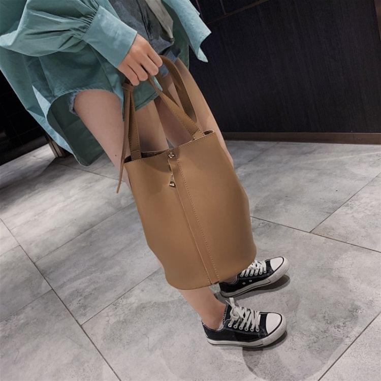 Fashion 2 in 1 Magnetic Buckle Bucket Bag Stitching PU Shoulder Bag Ladies Messenger Bag Handbag (Brown)