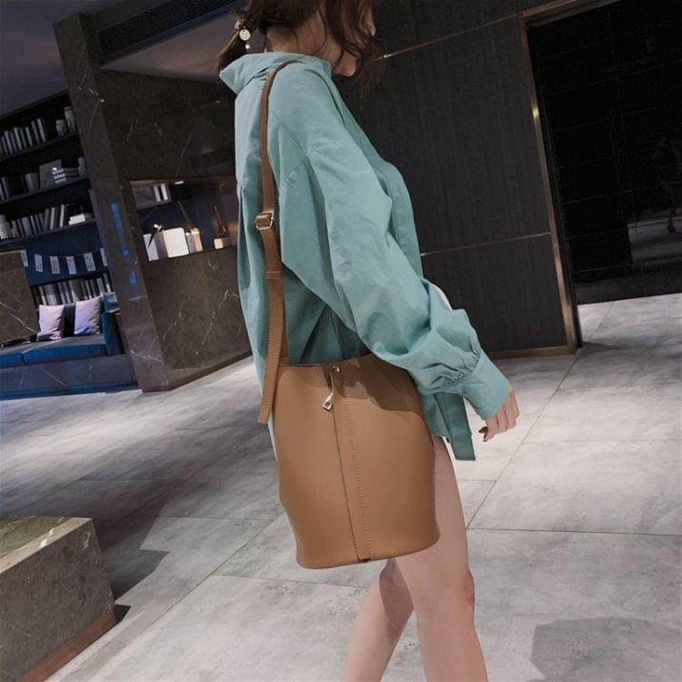 Fashion 2 in 1 Magnetic Buckle Bucket Bag Stitching PU Shoulder Bag Ladies Messenger Bag Handbag (Brown)