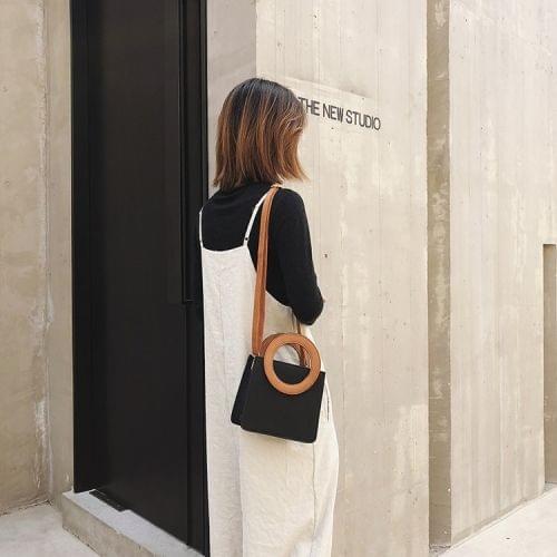 Round Ring Handle Color Matching Matte PU Leather Single Shoulder Bag Ladies Handbag Messenger Bag (Black)