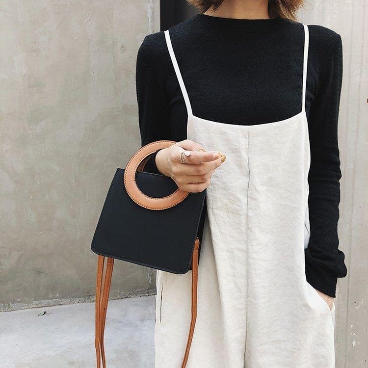 Round Ring Handle Color Matching Matte PU Leather Single Shoulder Bag Ladies Handbag Messenger Bag (Black)