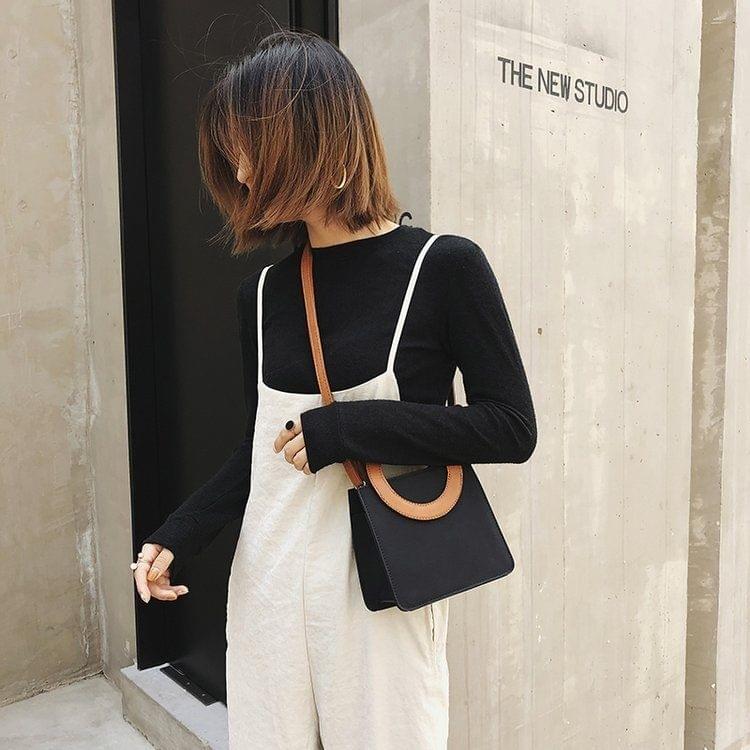 Round Ring Handle Color Matching Matte PU Leather Single Shoulder Bag Ladies Handbag Messenger Bag (Black)