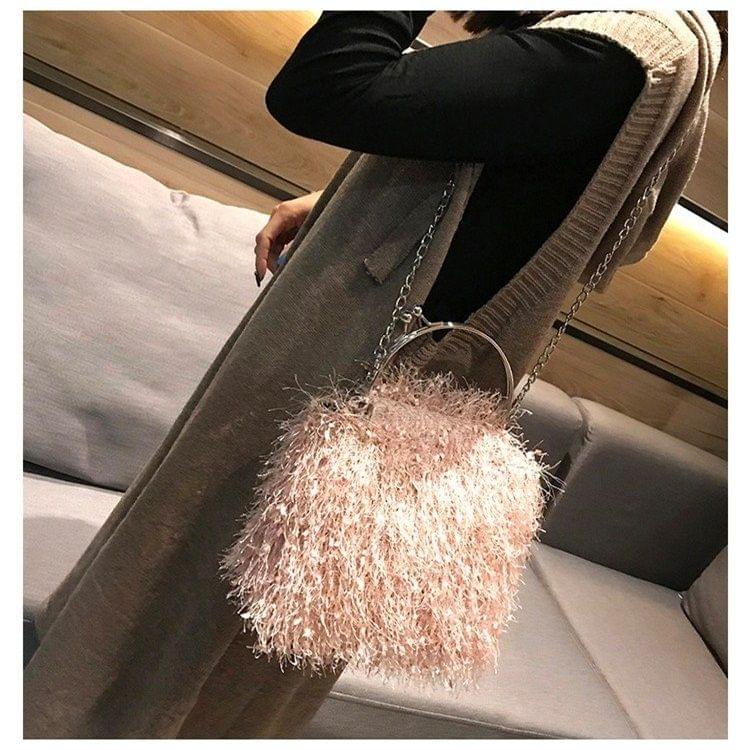 Leisure Fashion Velvet Chain Slant Shoulder Bag Handbag (Pink)
