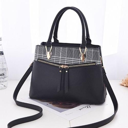 Stitching Plaid Leisure Fashion PU Slant Shoulder Bag Handbag(Black)