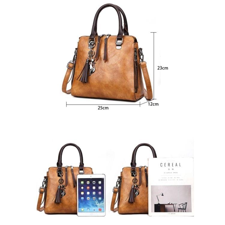 Casual PU Shoulder Bag Ladies Handbag Messenger Bag with Tassel and Cat Pendant (Brown)