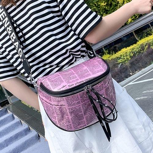 Fashion Newspaper Printing Plastic Transparent Jelly Waist Chest Bag Dual-zipper Single Shoulder Bag Messenger Bag (Pink)