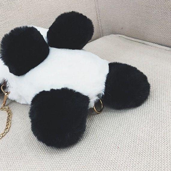 Cute Panda Plush Shoulder Bag Messenger Bag Ladies Handbag Chain Bag (Black)