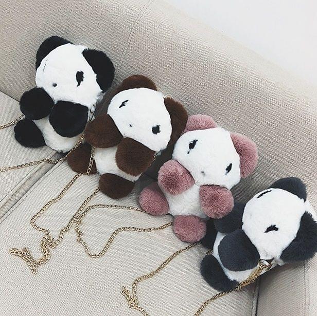 Cute Panda Plush Shoulder Bag Messenger Bag Ladies Handbag Chain Bag (Black)