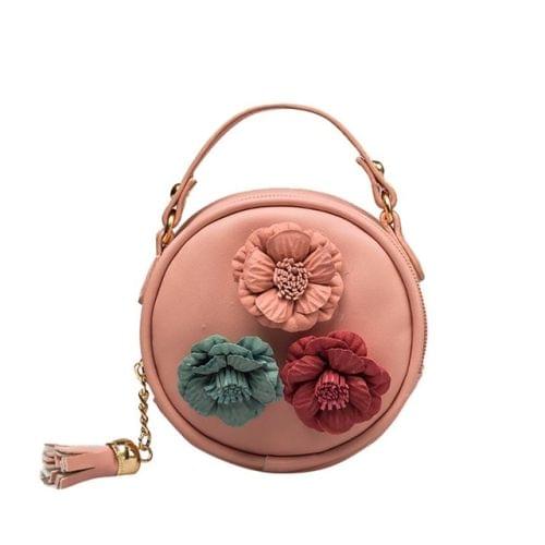Children Tassel Circle-Shape Floral Handbag Girls Shoulder Bag Mini Messenger Bags(Pink)