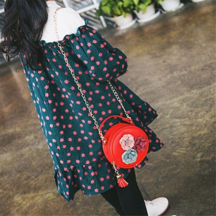 Children Tassel Circle-Shape Floral Handbag Girls Shoulder Bag Mini Messenger Bags(Pink)
