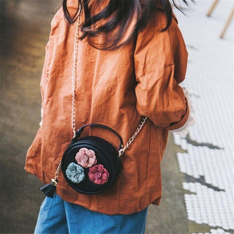 Children Tassel Circle-Shape Floral Handbag Girls Shoulder Bag Mini Messenger Bags(Pink)