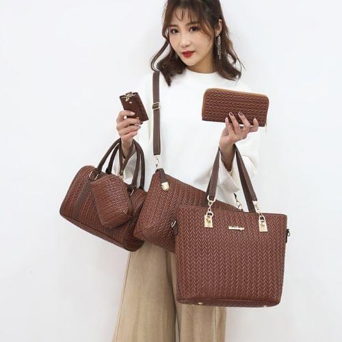 6 in 1 Weave Pattern PU Shoulder Bag Ladies Handbag Messenger Bag (Brown)