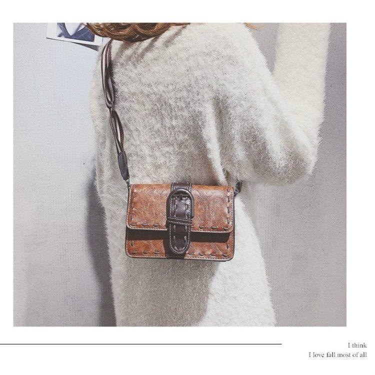 Retro Stitching PU Shoulder Bag Small Square Bag Ladies Handbag Messenger Bag (Brown)