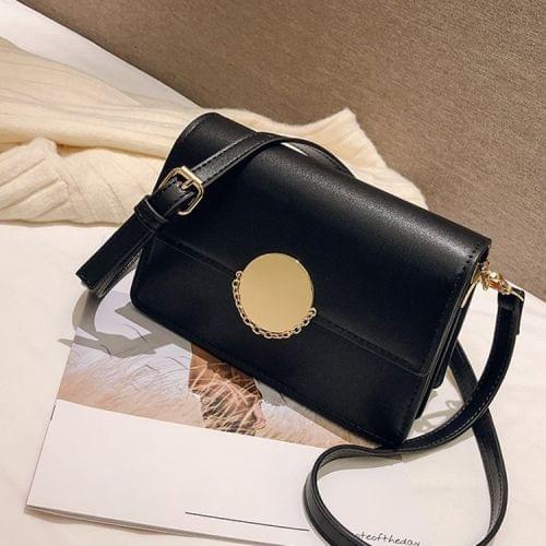 Round Buckle Color Matching PU Leather Single Shoulder Bag Ladies Handbag Messenger Bag (Black)