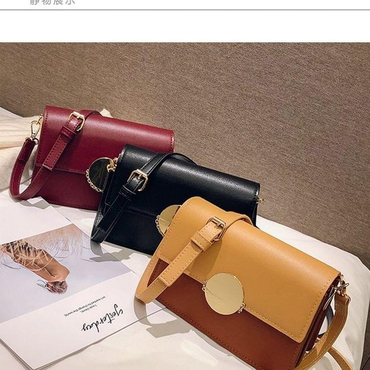 Round Buckle Color Matching PU Leather Single Shoulder Bag Ladies Handbag Messenger Bag (Black)