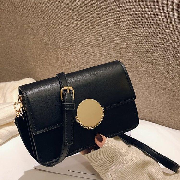 Round Buckle Color Matching PU Leather Single Shoulder Bag Ladies Handbag Messenger Bag (Black)