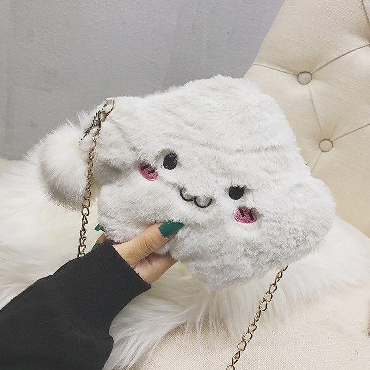 Cute Cloud-shaped Smile Face Fashion Plush Chain Single Shoulder Bag Ladies Handbag with Plush Pendant (White)
