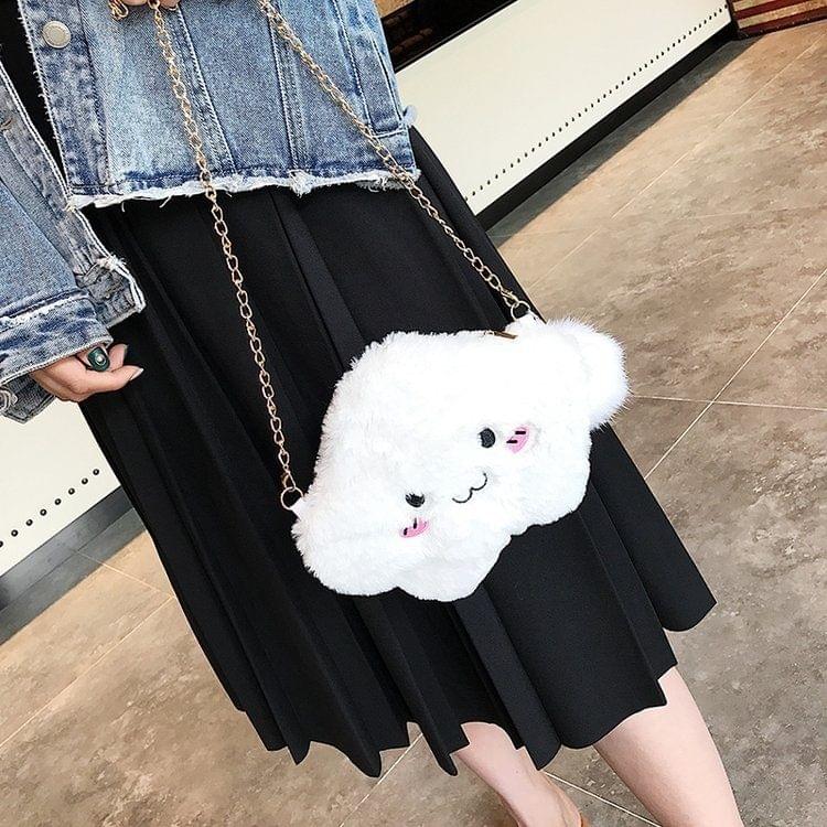 Cute Cloud-shaped Smile Face Fashion Plush Chain Single Shoulder Bag Ladies Handbag with Plush Pendant (White)