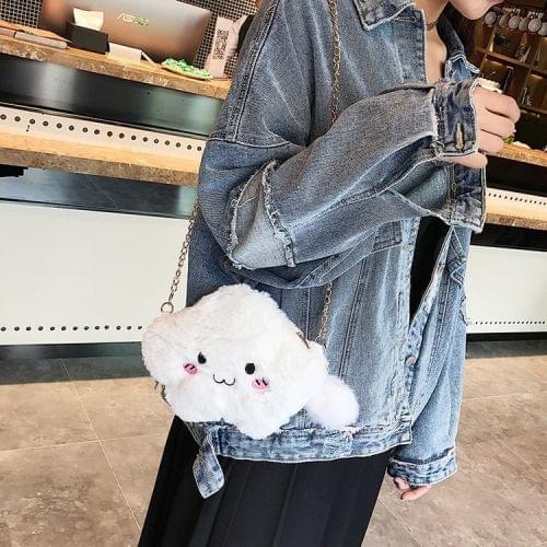 Cute Cloud-shaped Smile Face Fashion Plush Chain Single Shoulder Bag Ladies Handbag with Plush Pendant (White)