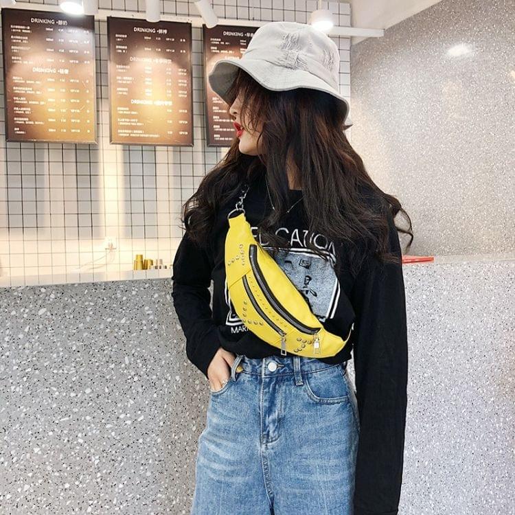Fashion Rivet PU Single Shoulder Bag Zipper Ladies Messenger Bag Chest Waist Pockets Bag (Yellow)